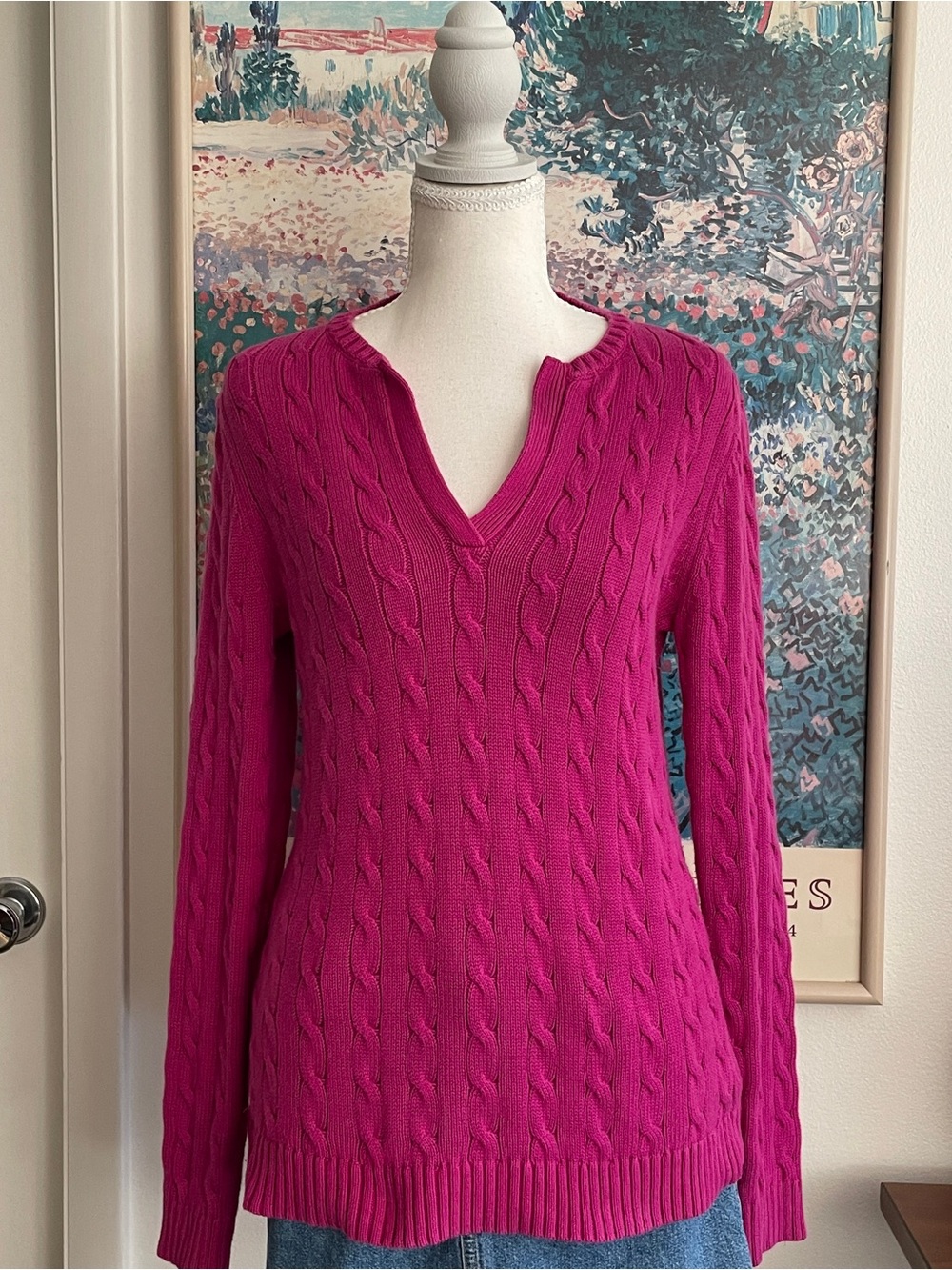 Lauren Ralph Lauren Cable-Knit V-Neck Sweater in Fuchsia